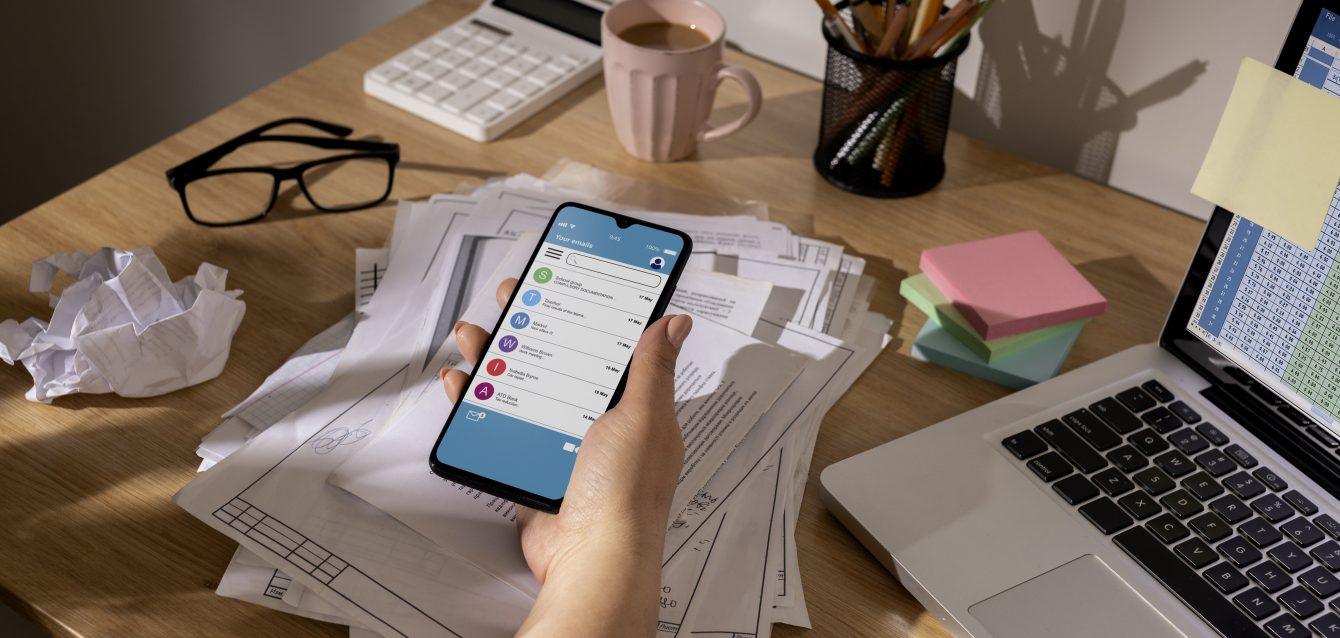 view-messy-office-workspace-with-smartphone view-messy-office-workspace-with-smartphone